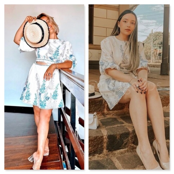 Floral Blue on Cream Light Beige Puff Sleeve Cut Out Waist Mini Dress - Picture 14 of 16